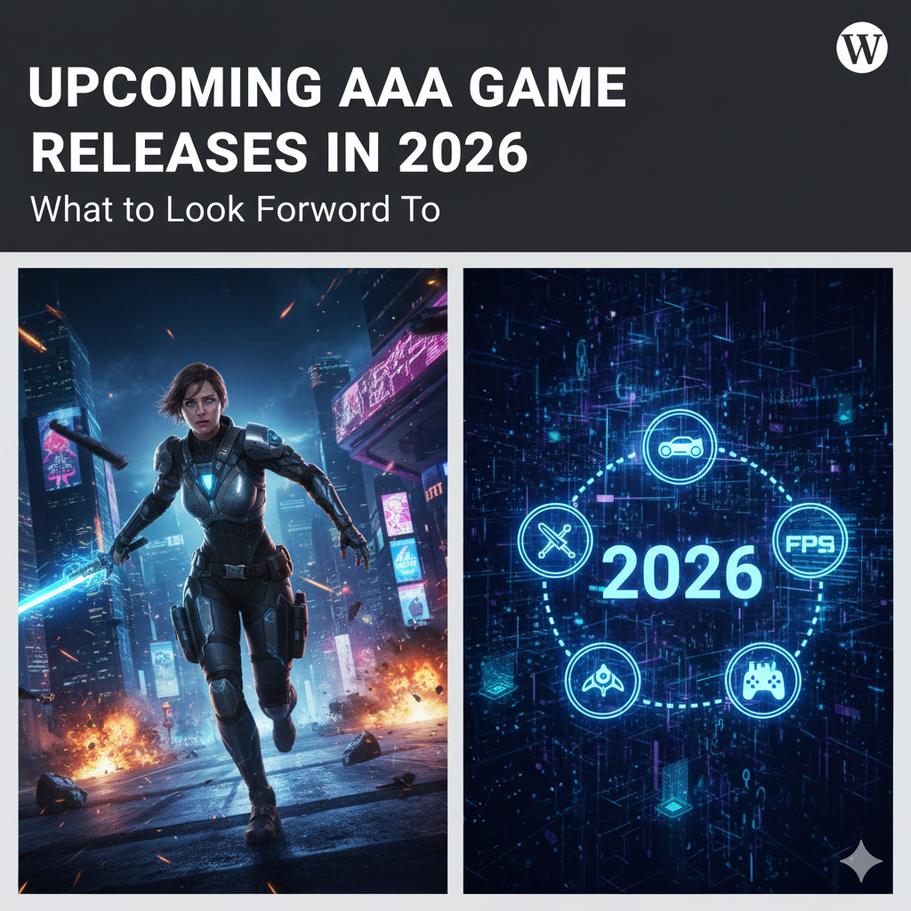 Gamer playing new AAA video games on a large screen, representing upcoming 2026 releases.