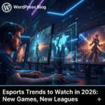 Esports players competing on stage with futuristic screens and audience in 2026.