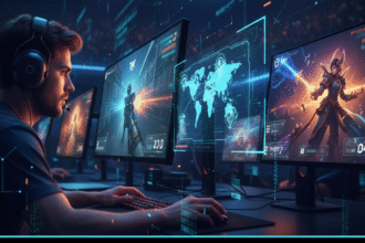 Esports players competing on stage with futuristic screens and audience in 2026.