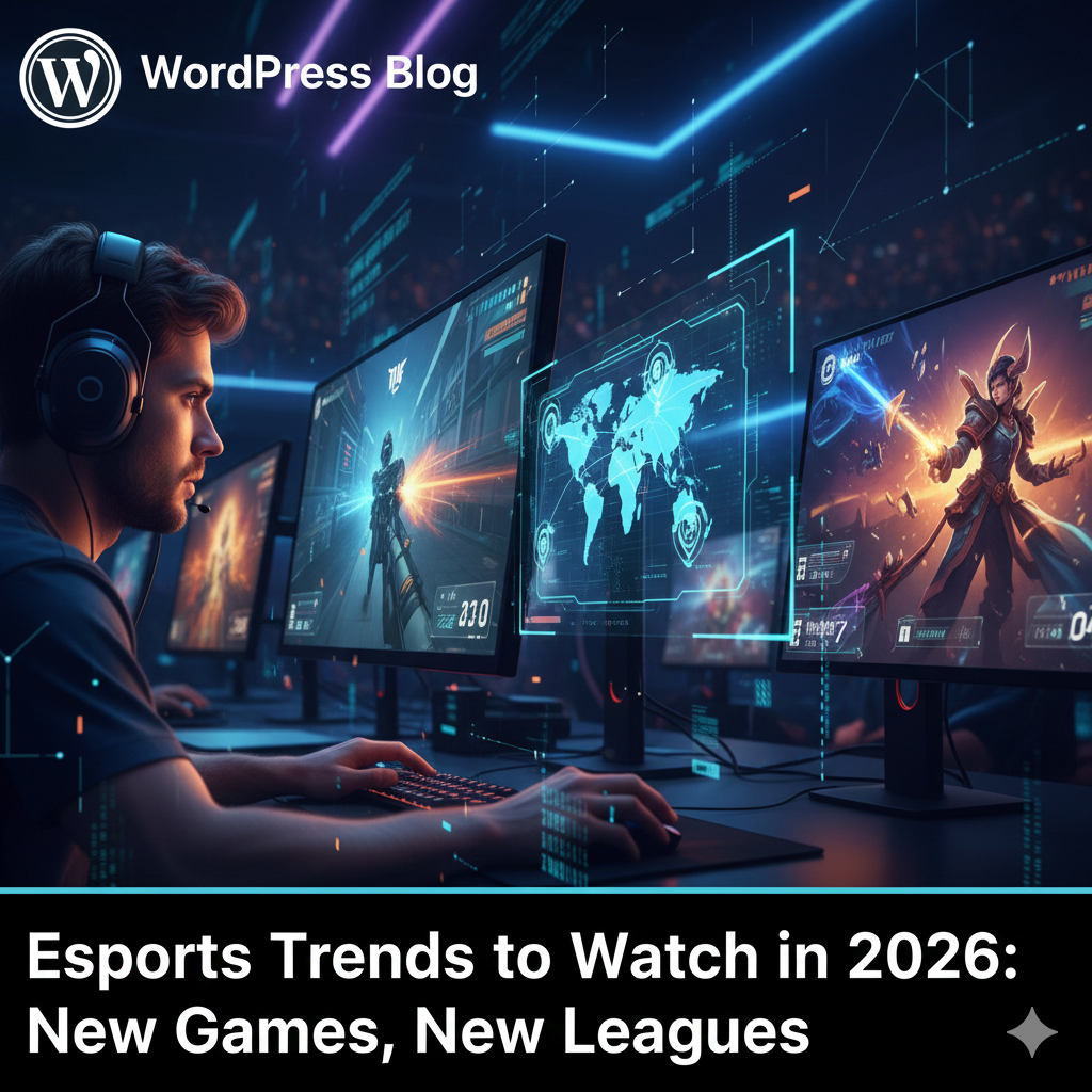 Esports players competing on stage with futuristic screens and audience in 2026.