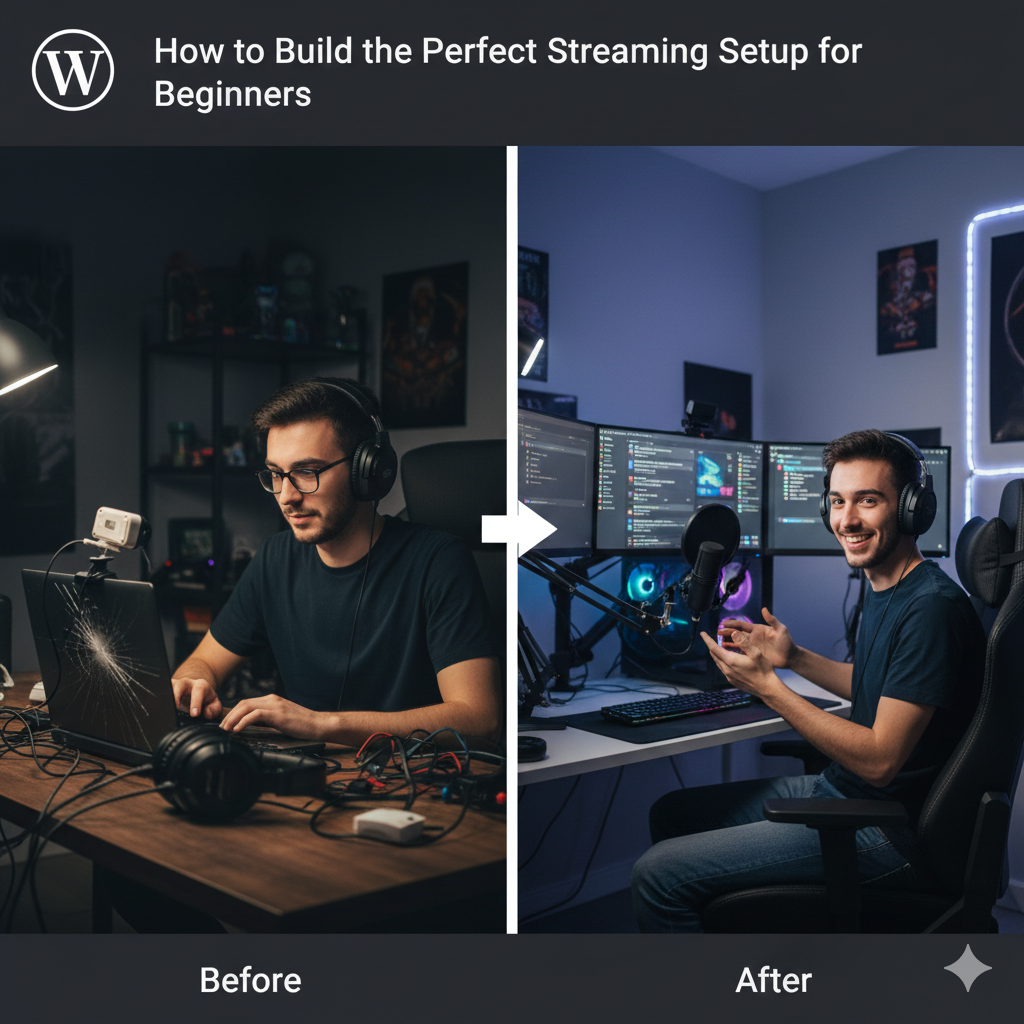 Beginner streaming setup with microphone, webcam, ring light, dual monitors, and LED-lit desk.