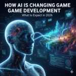 AI software creating 3D game environments and characters in a futuristic game development studio.