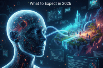 AI software creating 3D game environments and characters in a futuristic game development studio.