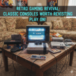 Retro gaming consoles including NES, SNES, Sega Genesis, and PlayStation 1 showcasing classic video game nostalgia