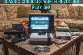 Retro gaming consoles including NES, SNES, Sega Genesis, and PlayStation 1 showcasing classic video game nostalgia
