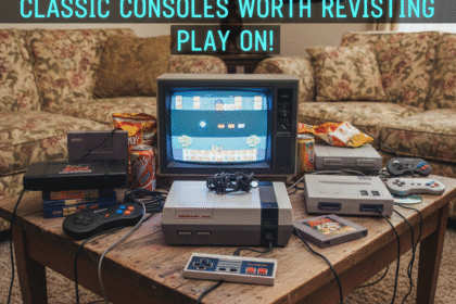 Retro gaming consoles including NES, SNES, Sega Genesis, and PlayStation 1 showcasing classic video game nostalgia