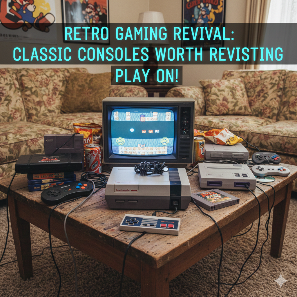 Retro gaming consoles including NES, SNES, Sega Genesis, and PlayStation 1 showcasing classic video game nostalgia